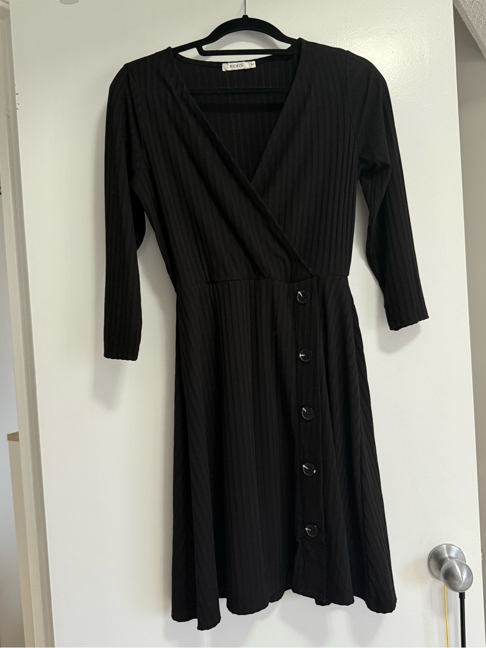 Ricki's Black Ribbed Wrap-Style Dress with Side Buttons
